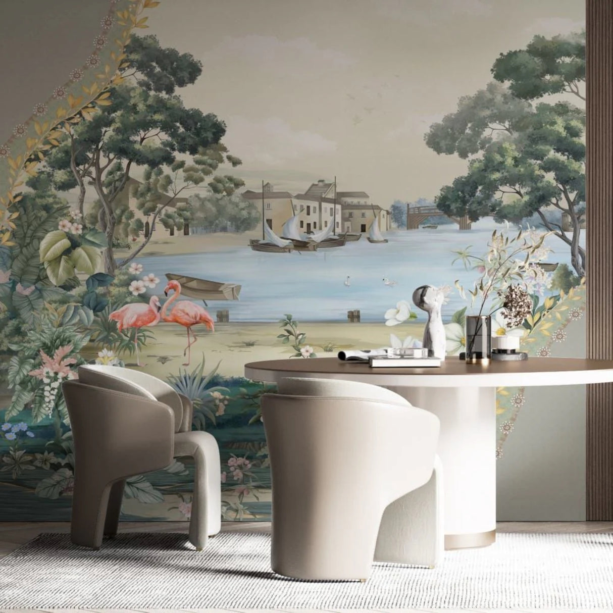 Flamingos & Ships At The Port Wallpaper – Vintage Maritime Wall Décor For Elegant, Timeless Interiors