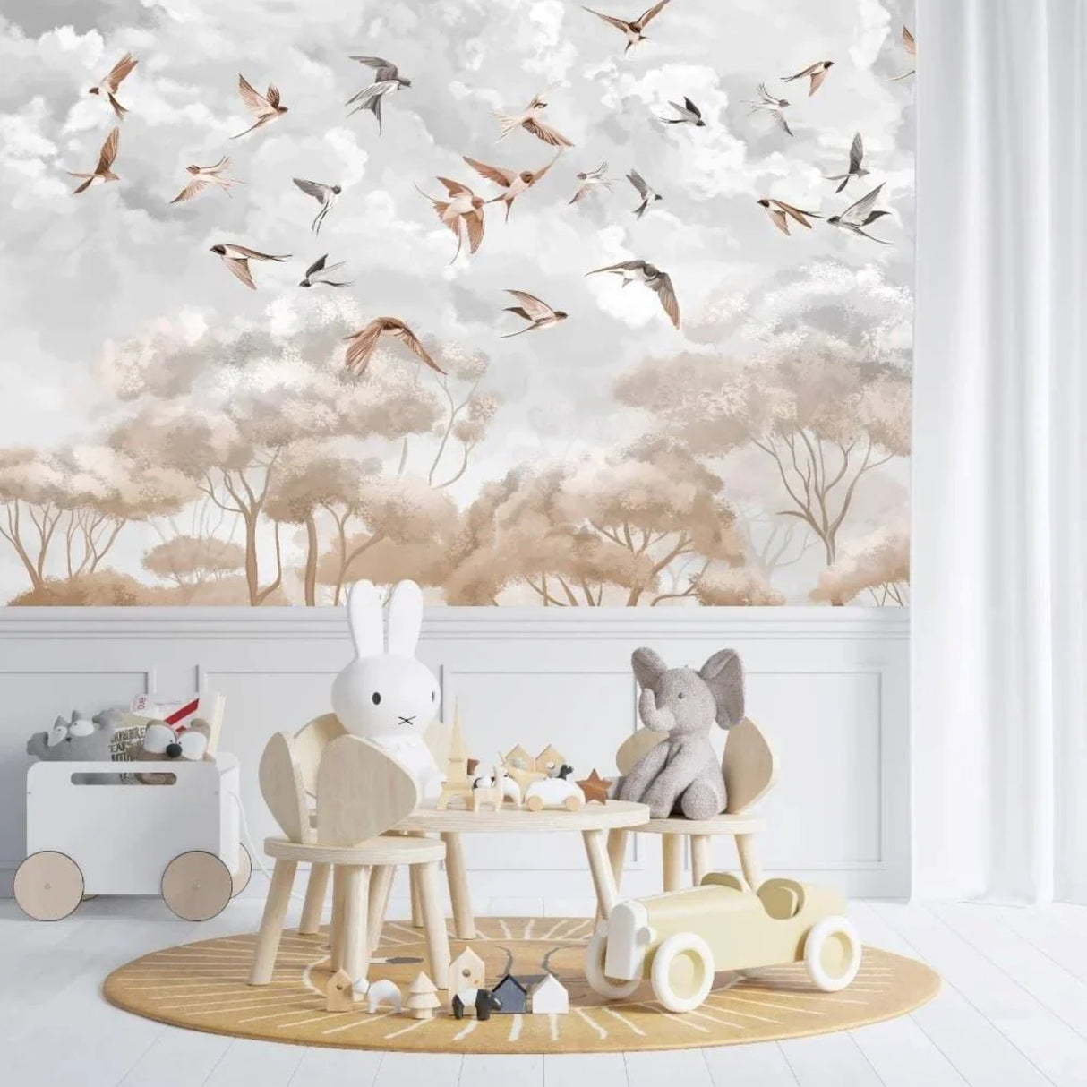 White Clouds & Swallows In The Sky Wallpaper – Soft Pastel Nature-Inspired Wall Décor