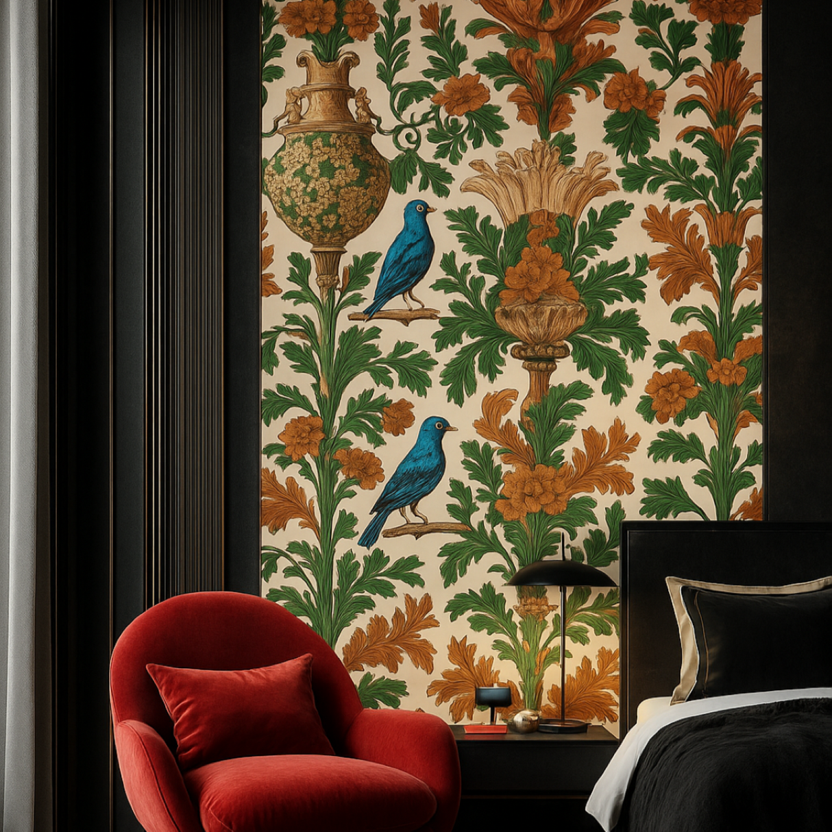 Verdant Baroque Wallpaper – Emerald & Terracotta Edition – Available in Printed and Embossed Versions for Refined Interiors