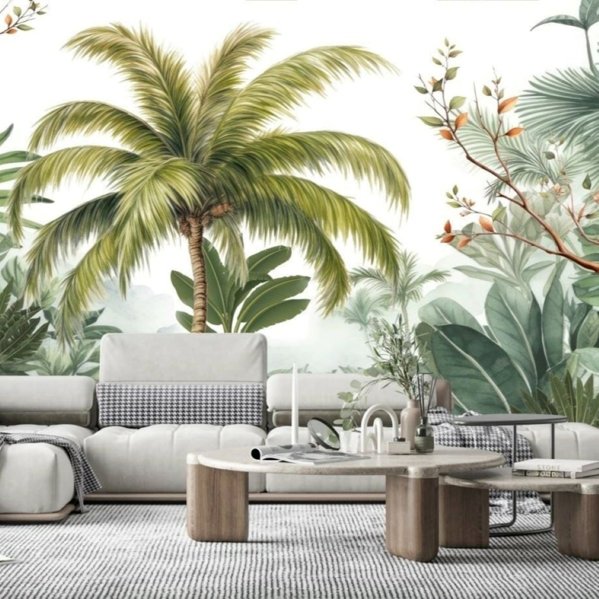 Coconut Tree & Exotic Leaves Wallpaper — Artistic Nature Mural for Contemporary Interiors