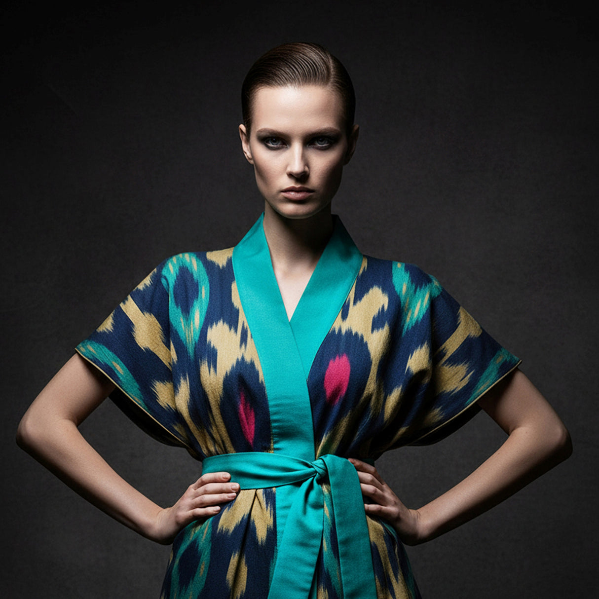 Kamola Unisex Kimono – Handwoven Silk-Cotton Ikat Kimono in Emerald, Fuchsia & Beige for Modern Bohemian Grace