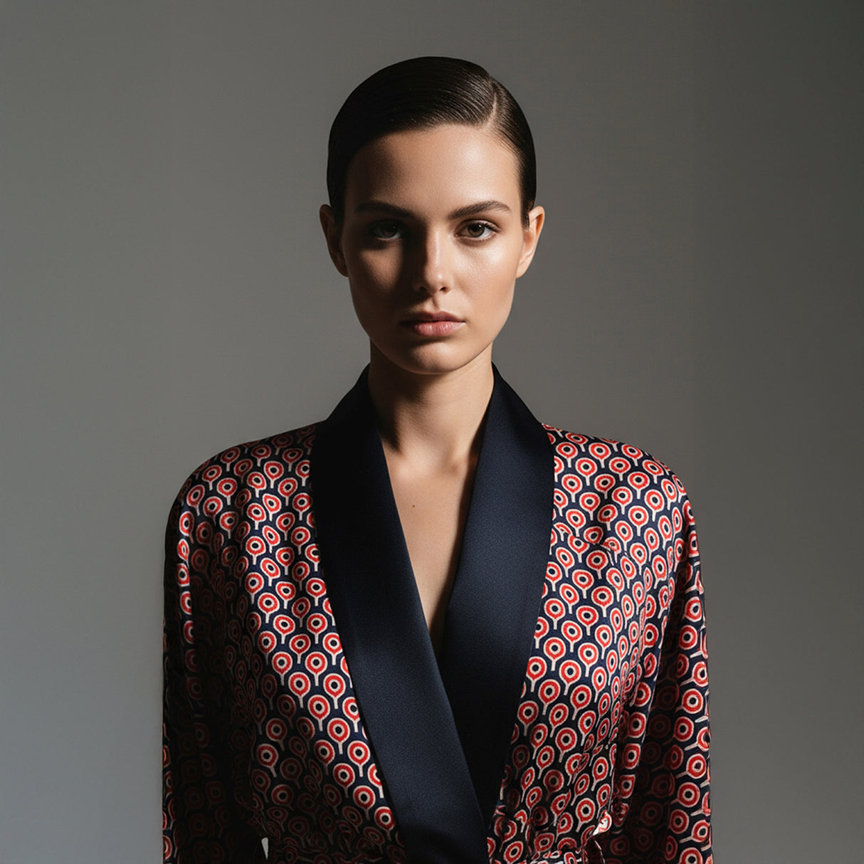 Omna Kırmızı Kimono – Modern ve Zamansız Zarafet İçin Geometrik Desenli Süet Kimono, Gece Mavisi Saten Kenar Süslemeli