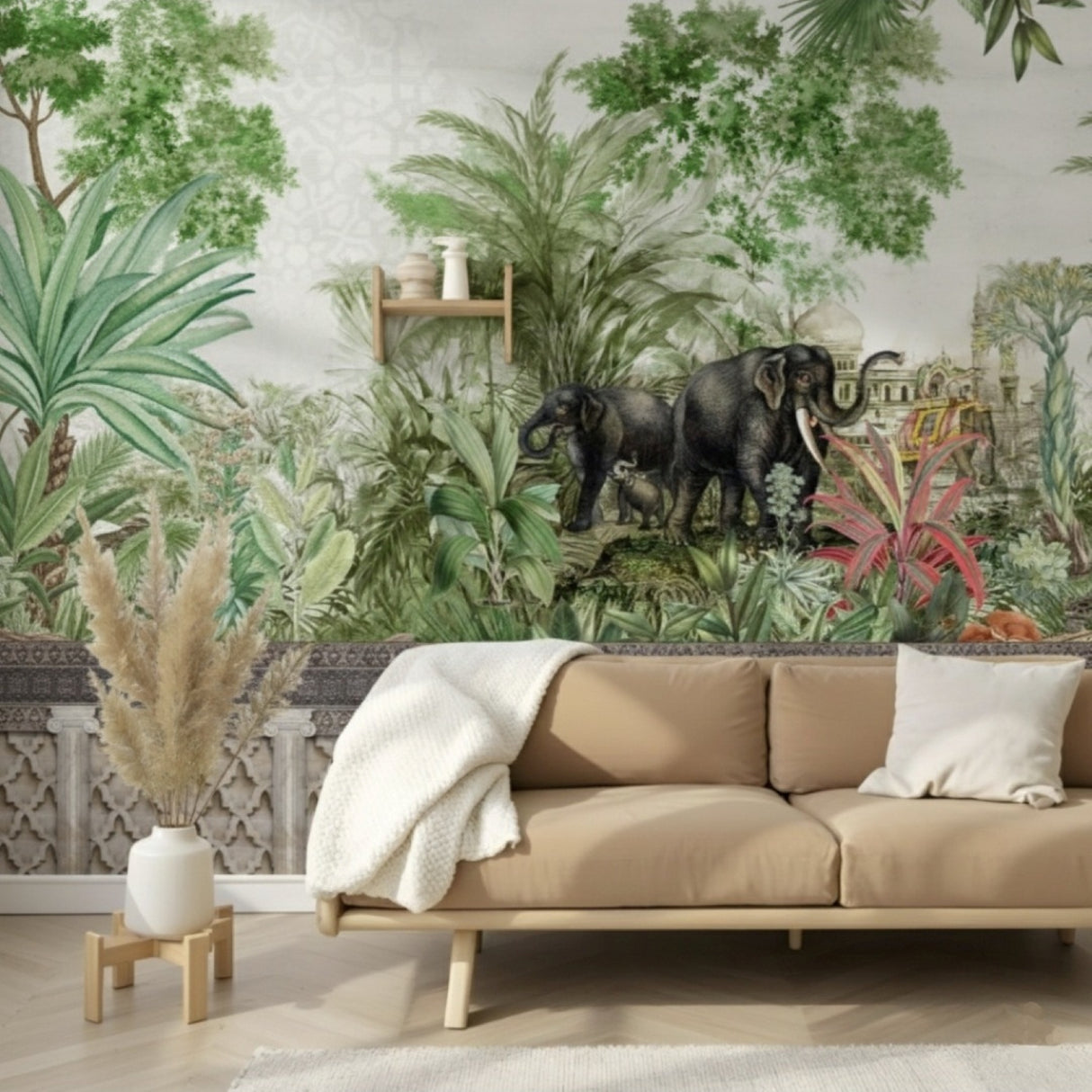 Exotic Jungle & Elephants Wallpaper – Botanical Heritage Mural for Elegant Interiors – Green Effect