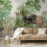 Exotic Jungle & Elephants Wallpaper – Botanical Heritage Mural for Elegant Interiors – Green Effect