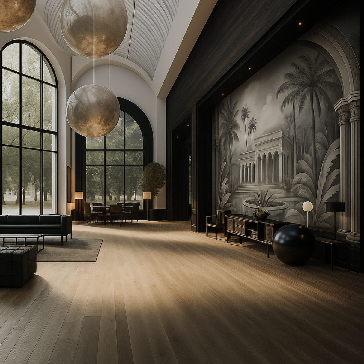 Palace Reflections Wallpaper – Neoclassical Tropical Mural For Elegant Interiors