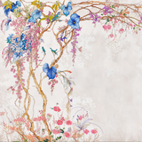 Cascading Wisteria Garden Wallpaper – Hand-Painted Elegance with Blue Blossoms and Songbirds