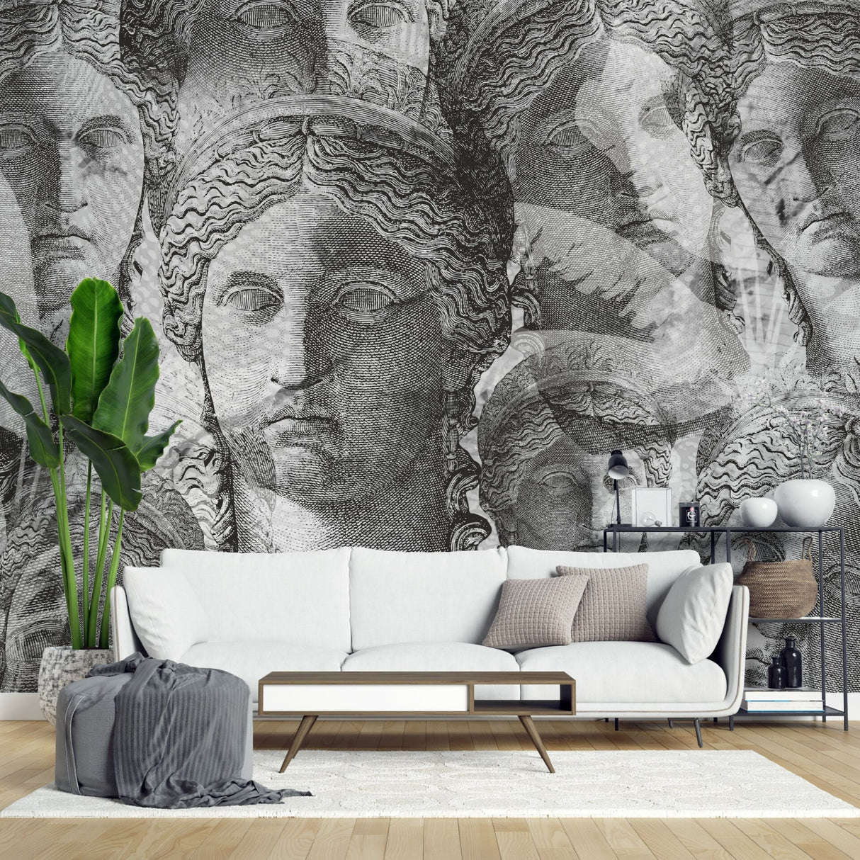 Monochrome Goddess Wallpaper – Classical Sculpture Mural for Contemporary Interiors