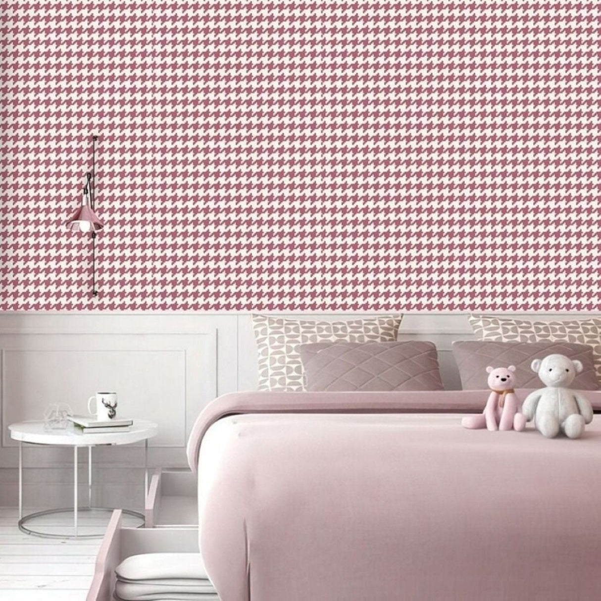 Vintage Pink & Ivory Houndstooth Wallpaper – Modern Geometric Pattern for Stylish Interiors