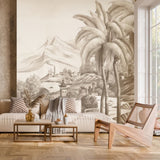 Sepia Tropical Landscape Wallpaper – Vintage Palm & Mountain Mural for Serene Interiors