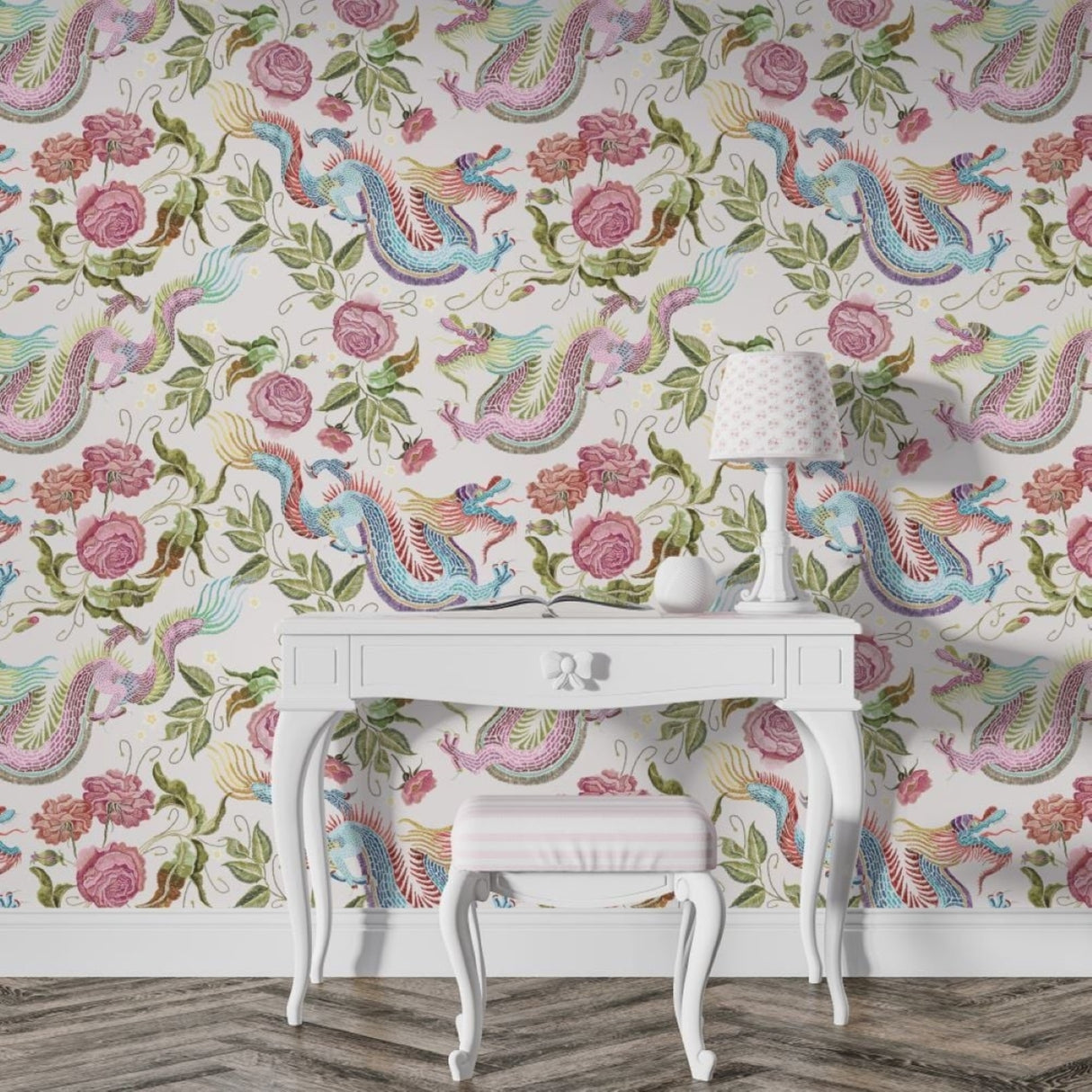 Dragons & Roses Wallpaper – Available in Printed and Embossed Versions - Mystical Wall Mural Design