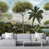 Vibrant Green Tropical Forest And Castle Wallpaper - Artistic Nature Mural for Refined Interiors