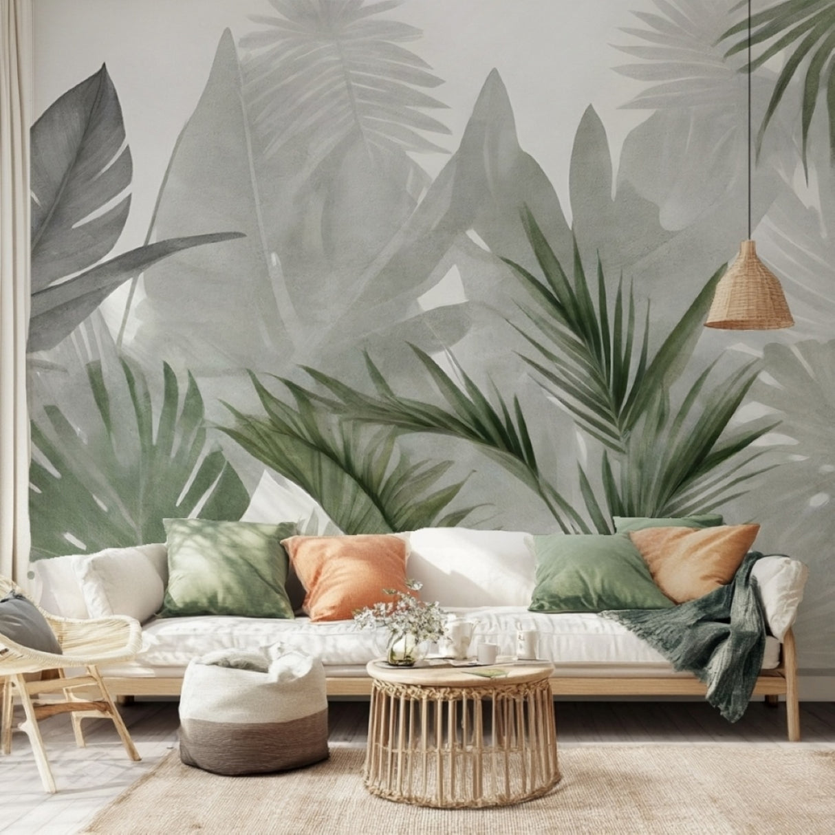 Botanical Mist Wallpaper – Tropical Green Leaf Mural for Calm and Airy Interiors