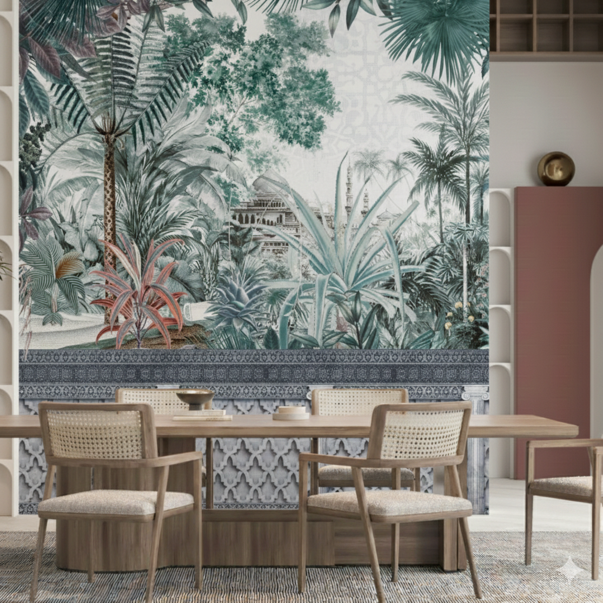 Exotic Jungle & Elephants Wallpaper – Botanical Heritage Mural For Elegant Interiors – Turquoise Effect