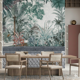 Exotic Jungle & Elephants Wallpaper – Botanical Heritage Mural For Elegant Interiors – Turquoise Effect