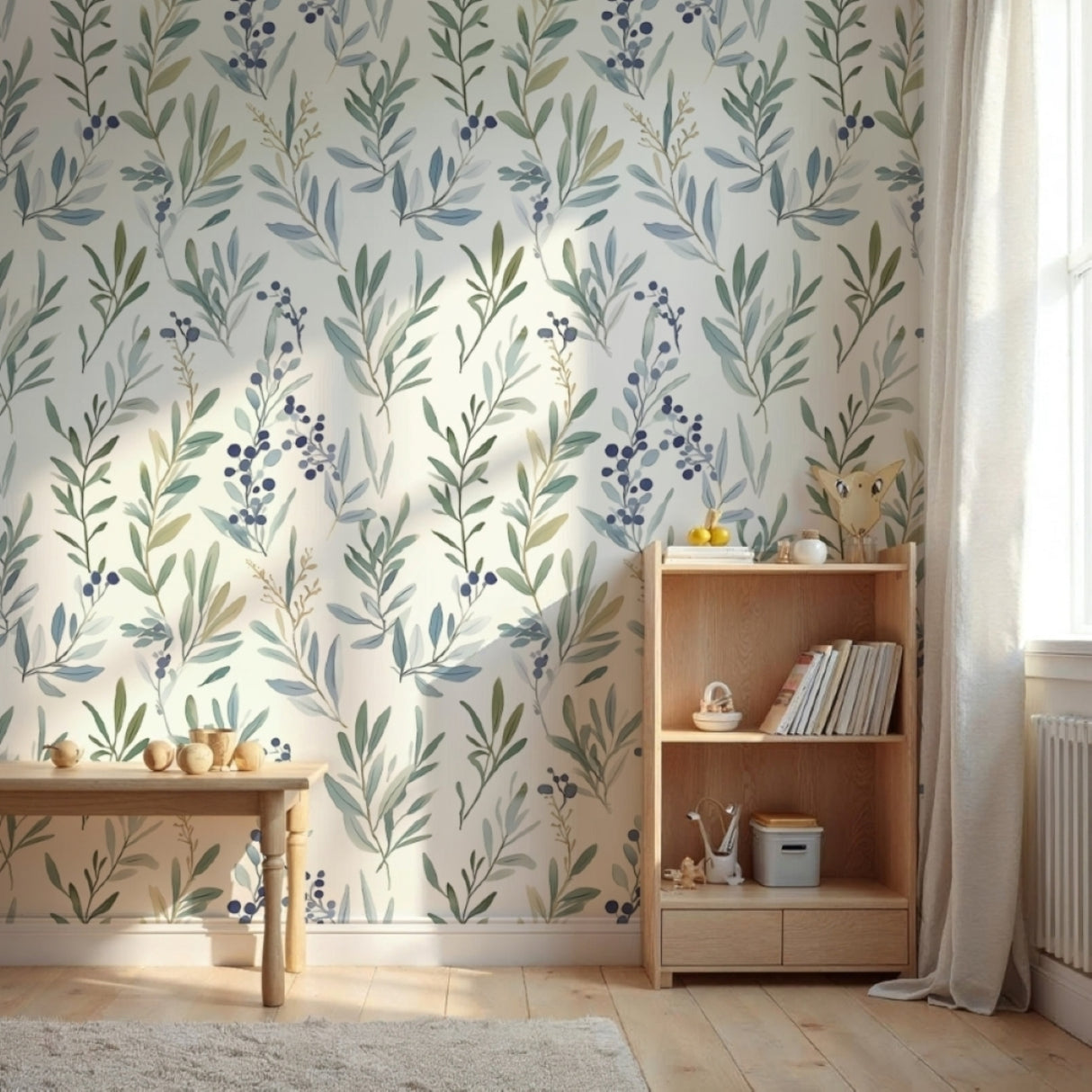 Olive Grove Harmony I Wallpaper – Soft Botanical Elegance for Serene Interiors