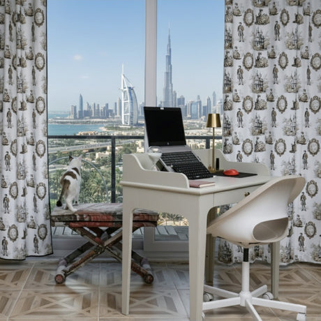 Froda – Cortina con estampado toile vintage y ribete en contraste para interiores elegantes