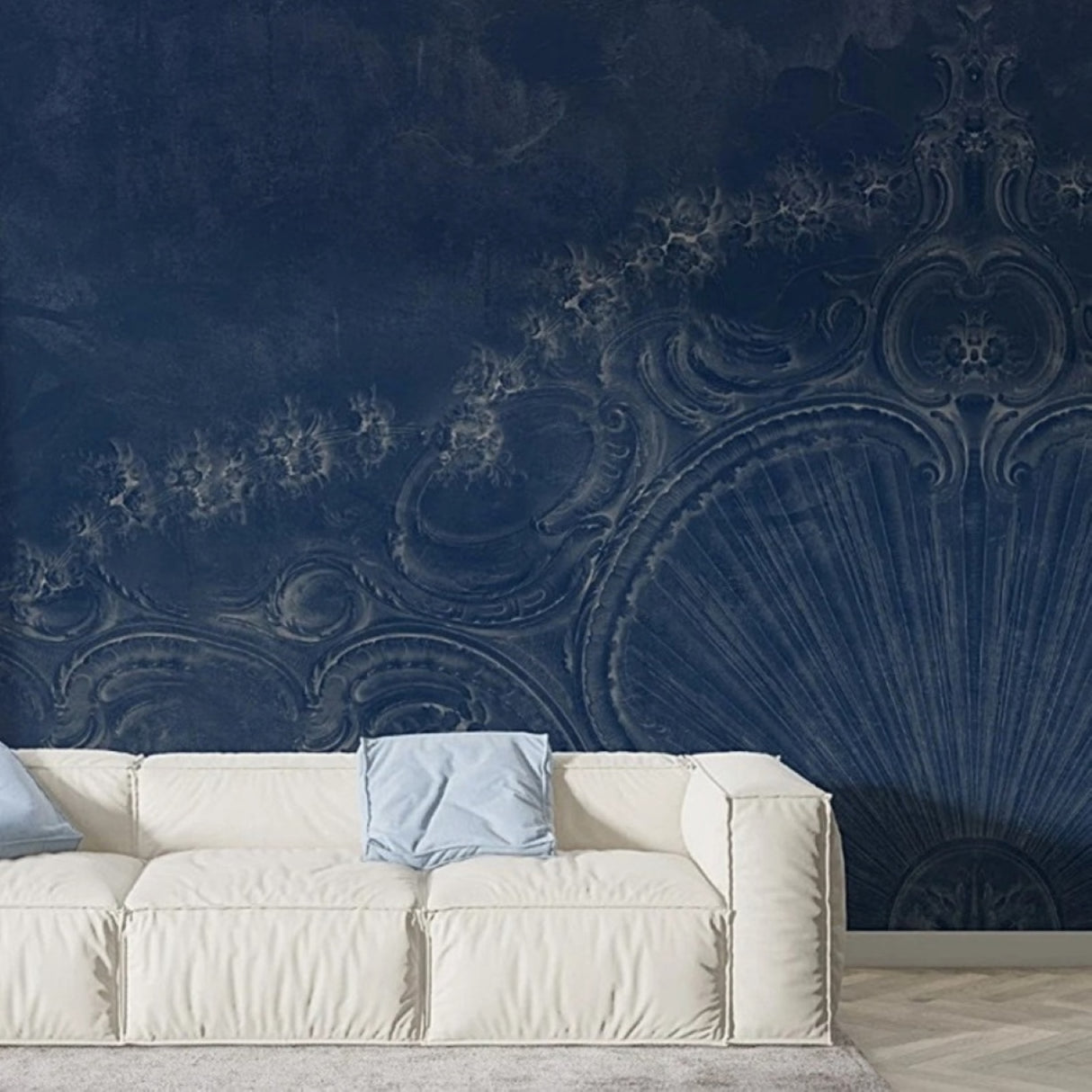 Navy Baroque Reverie Wallpaper - Available in Printed and Embossed Versions for Glamorous Interiors