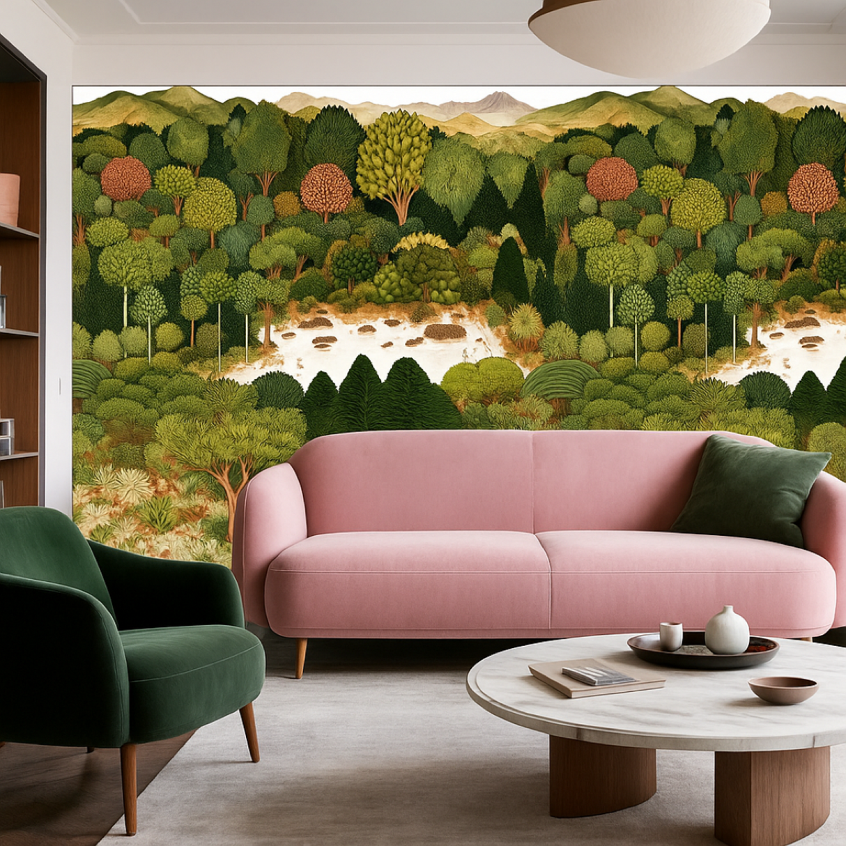 Savanna Canopy Wallpaper – Lush Green & Sand Edition – Available in Printed and Embossed Versions for Artistic Interiors