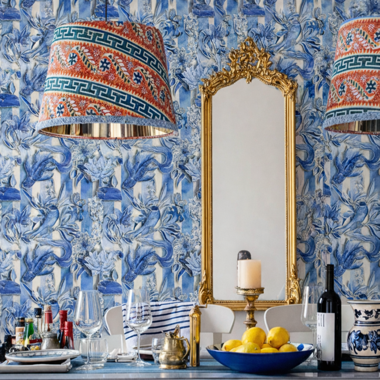 Muse of the Deep Blue Wallpaper – Botanical & Fauna Elegance – Available in Printed and Embossed Versions For Timeless Interiors