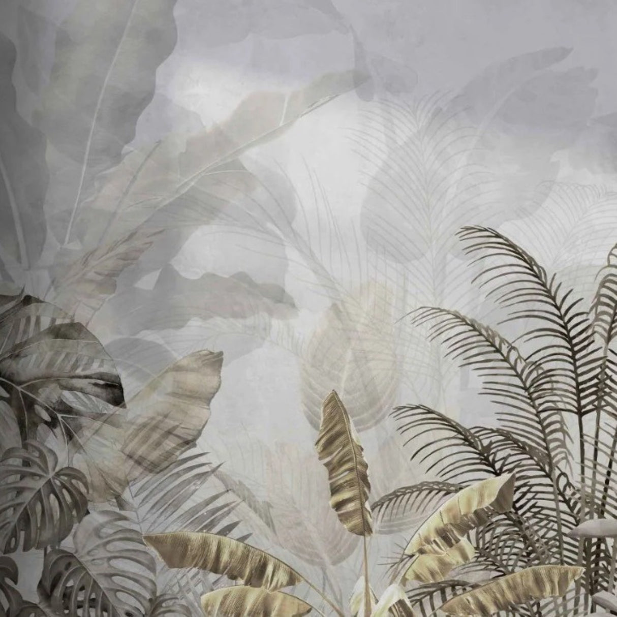 Papel pintado con hojas tropicales sepia sobre gris: mural botánico artístico para interiores contemporáneos