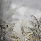 Papel pintado con hojas tropicales sepia sobre gris: mural botánico artístico para interiores contemporáneos