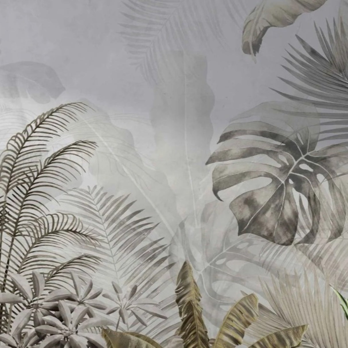 Papel pintado con hojas tropicales sepia sobre gris: mural botánico artístico para interiores contemporáneos