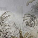 Papel pintado con hojas tropicales sepia sobre gris: mural botánico artístico para interiores contemporáneos