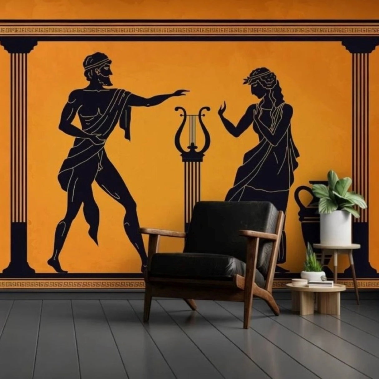 Papel pintado de reyes y reinas de la antigua Grecia: mural de arte clásico con lira para interiores elegantes