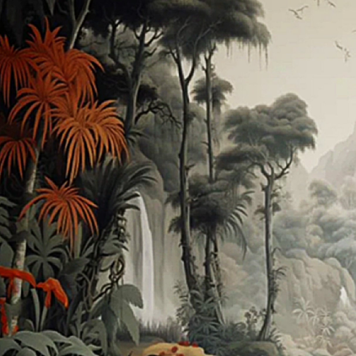 Tropical Plants & Terracotta Flowers Wallpaper – Artistic Nature Mural for Contemporary Interiors