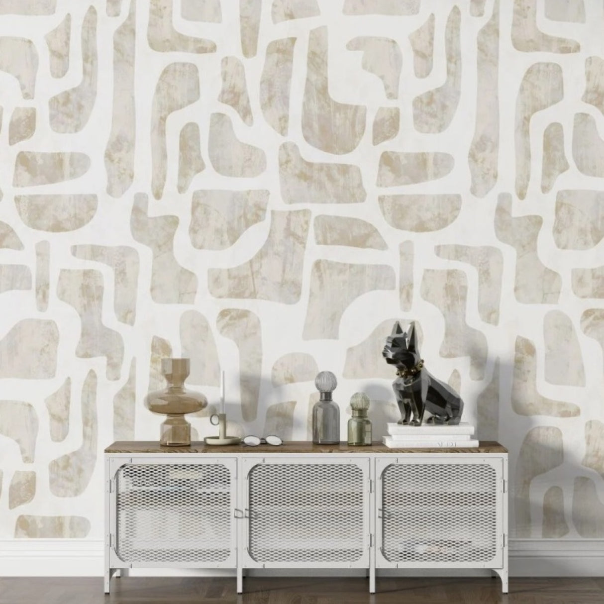 Papel pintado con estampado geométrico en tonos crema y marrón: diseño abstracto moderno