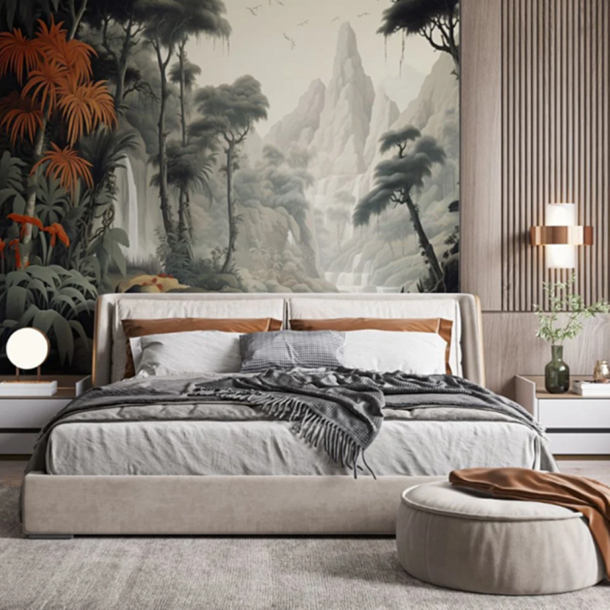 Tropical Plants & Terracotta Flowers Wallpaper – Artistic Nature Mural for Contemporary Interiors