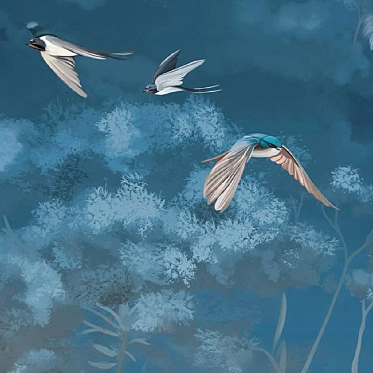 Papel pintado personalizado de golondrinas y aves marinas: mural artístico de cielo para interiores elegantes
