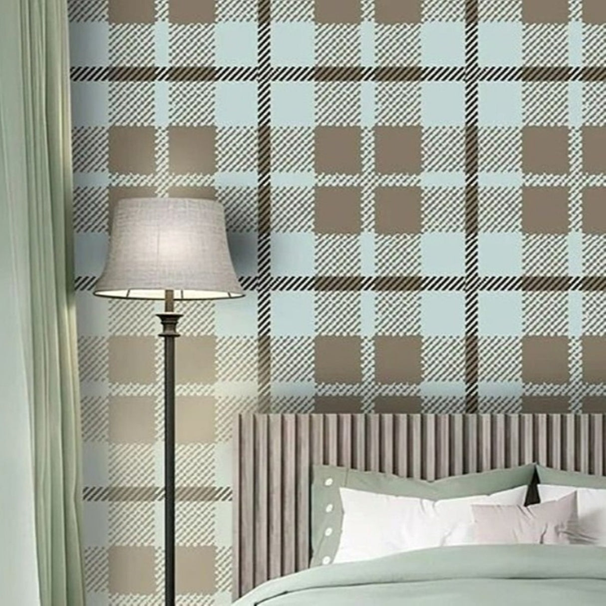Vintage Mint & Charcoal Plaid Wallpaper – Classic Checkered Design for Cozy Interiors