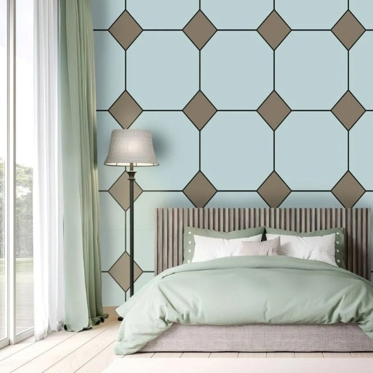 Vintage Mint & Charcoal Tile Wallpaper – Retro Karo Design for Modern Interiors