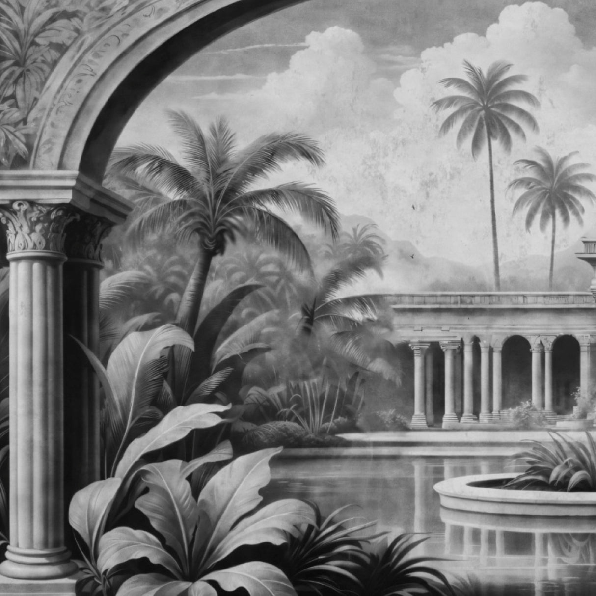 Palace Reflections Wallpaper – Neoclassical Tropical Mural For Elegant Interiors