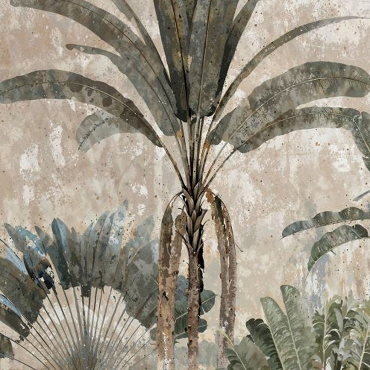 Papel pintado de palmeras tropicales suaves: mural botánico artístico con textura desgastada para interiores elegantes