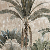 Papel pintado de palmeras tropicales suaves: mural botánico artístico con textura desgastada para interiores elegantes