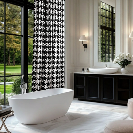Gande – Cortina de pata de gallo en blanco y negro con fino ribete negro – Para interiores modernos y contemporáneos