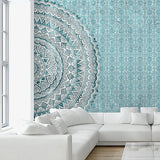 Mavi Zeminli Mandala Desenli Duvar Kağıdı – Zarif Çağdaş Geometrik Duvar Dekoru