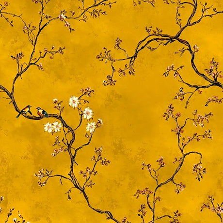 Mural chinoiserie Amber Blossom: diseño floral y de pájaros pintado a mano para interiores elegantes.
