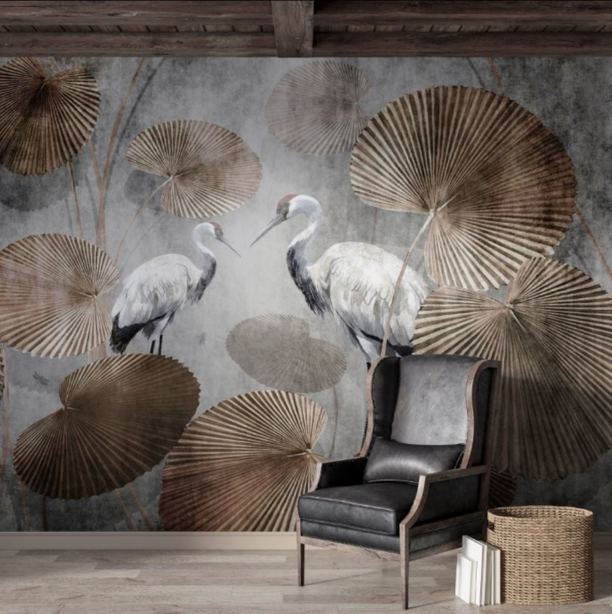 Cranes & Lotus Leaves Wallpaper - Available in Printed and Embossed Versions for Elegant Interiors