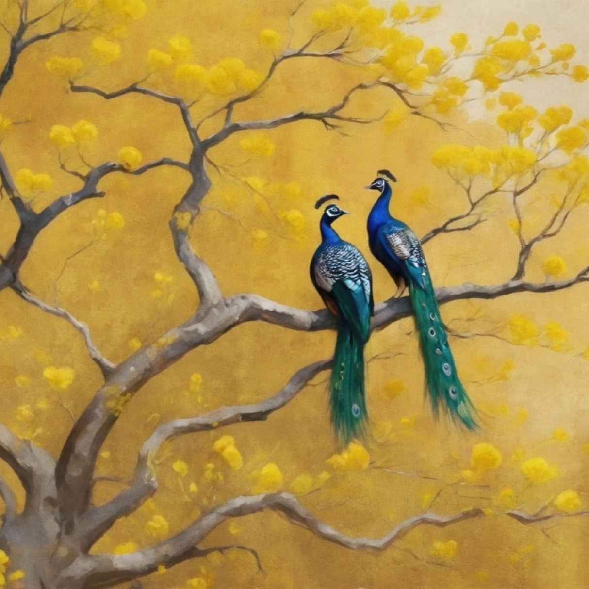 Golden Serenade Wallpaper – Elegant Peacock Mural For Artistic Interiors