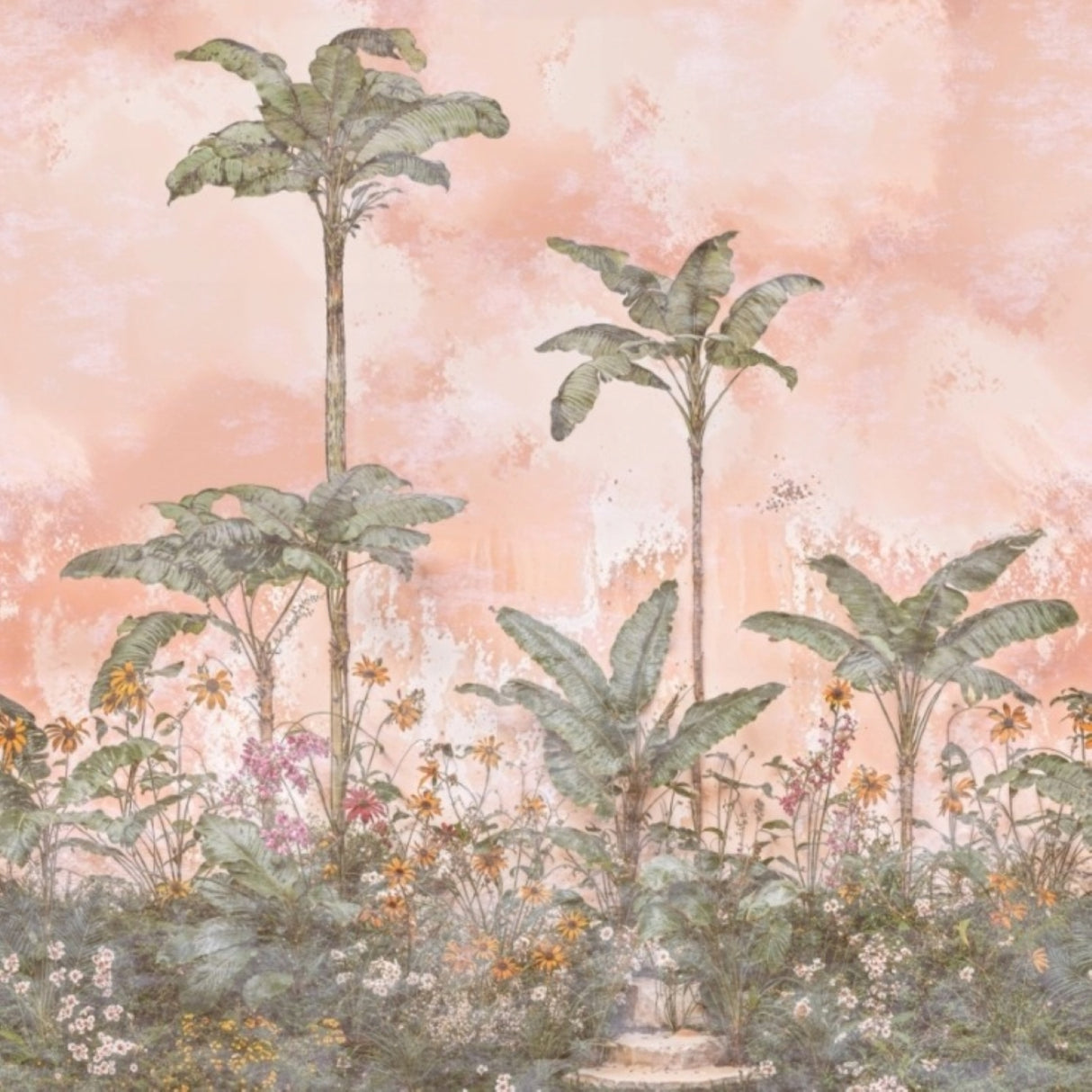 Terracotta Garden Mural Wallpaper – Tropical Bloom Design for Warm Interiors