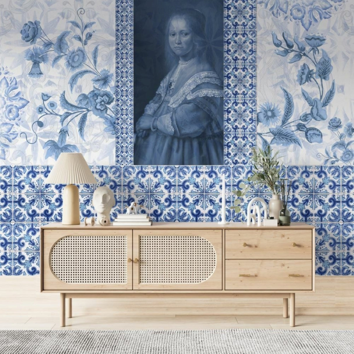 Blue Ceramic Portrait Wallpaper – Artistic Delft-Inspired Mural for Elegant Interiors