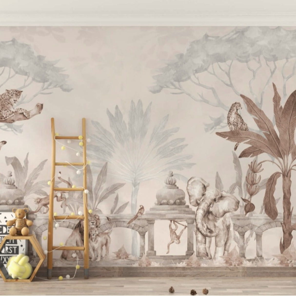 Papel pintado de animales exóticos en tonos sepia: decoración rústica de estilo safari
