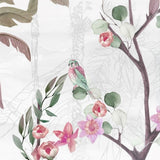 Pink Cotton Flowers & Tropical Trees Wallpaper , Gray Background- Soft Pastel Nature-Inspired Wall Décor