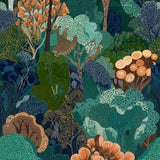 Papel pintado Botanical Reverie – Edición verde azulado y ámbar – Disponible en versiones impresas y en relieve para interiores contemporáneos