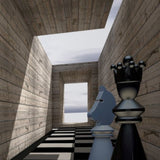 Grandmaster’s Corridor Wallpaper – Surreal 3D Chess Perspective with Industrial Timber Planks