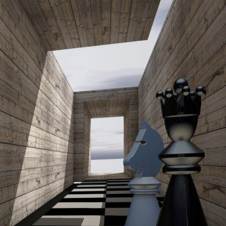 Grandmaster’s Corridor Wallpaper – Surreal 3D Chess Perspective with Industrial Timber Planks
