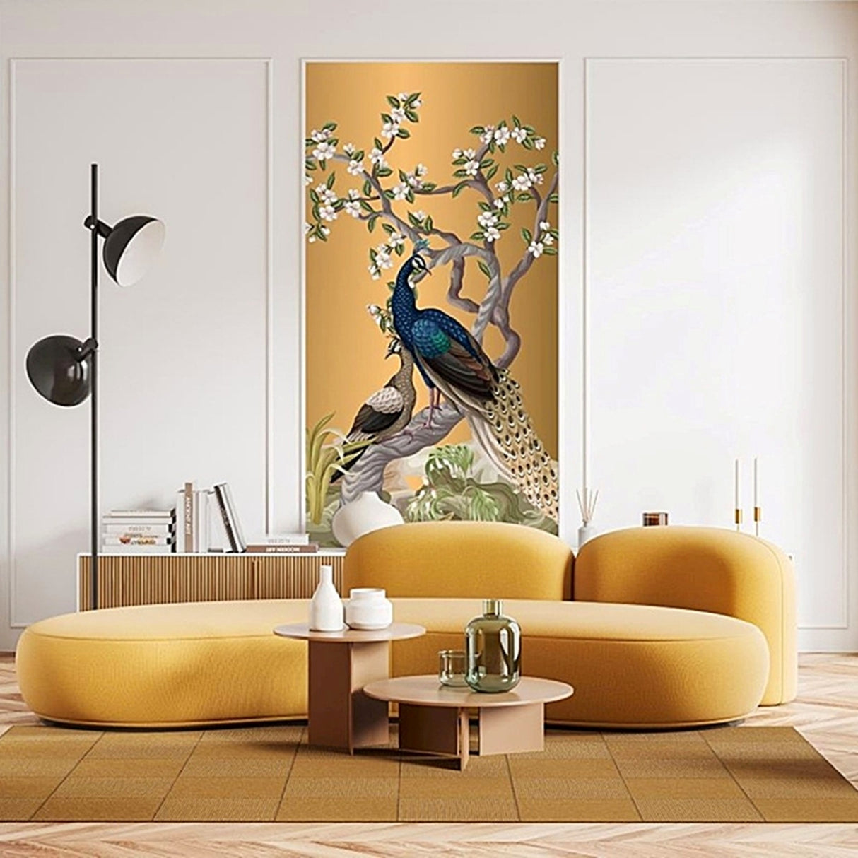 Golden Peacocks - Chinoiserie Luxury Frameless 3D Embossed Wallpaper Art Panel
